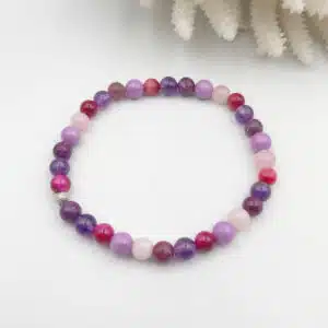 CALME, SOMMEIL et PROTECTION - Bracelet Création en perles de 6mm avec mix perles de Kunzite, Lepidolite, Phosphodiérite et Oeil de Tigre teinté Fushia