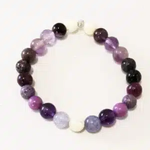 APAISEMENT et CREATIVITE - Bracelet Création en perles de 8mm avec mix perles de Nacre, Améthyste, Amétrine, Fluorite, Lépidolite, Charoite, Shugilite, Purpurite, Phosphosiderite, Super Seven.