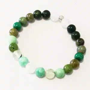 AMITIE, ESPOIR et CALME - Bracelet Création en perles de 8mm avec mix Cristal de roche craquelé, Jaspe Héliotrope, Jaspe dragon, Rubis sur Zoisite, Malachite, Grenat vert, Jade néphrite canada, Phrénite, Amazonite, Chrysoprase.