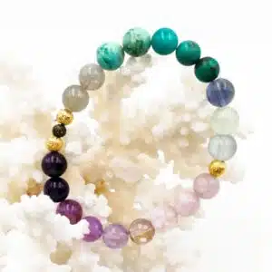 CALME, SERENITE, ESPOIR et EXPRESSION - Bracelet Création en perles de 8 mm avec mix Améthyste, Amétrine, Superseven, Kunzite, Fluorite, Turquoise Chine - Turquoise Pérou et Labradorite
