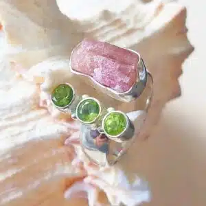 PERIDOT - TOURMALINE RUBELLITE - Bague en Argent 925 réglable