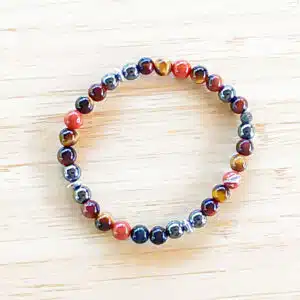 COURAGE et ENERGIE - Bracelet en perles de 6mm avec mix perles Hématite, Jaspe rouge, oeil de taureau, oeil de tigre