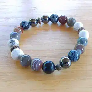 PROTECTION, ANCRAGE, EVOLUTION - Bracelet Création en perles de 10 mm avec mix Hématite, Labradorite, Obsidienne neige, Howlite, Agate btw