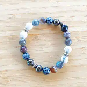 PROTECTION, ANCRAGE, EVOLUTION - Bracelet Création en perles de 8 mm avec mix Hématite, Labradorite, Obsidienne neige, Howlite, Agate btw