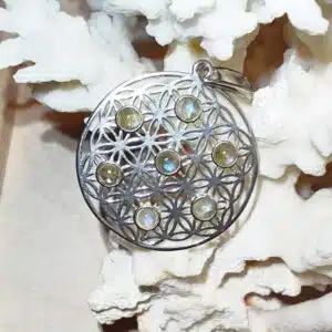 LABRADORITE - Très joli pendentif "Fleur de vie" parsemé de perles de Labradorite. Monté sur Argent 925/1000