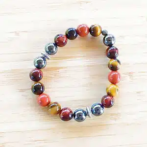 COURAGE et ENERGIE - Bracelet Création en perles de 8mm avec mix perles Hématite, Jaspe rouge, oeil de taureau, oeil de tigre