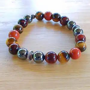 COURAGE et ENERGIE - Bracelet Création en perles de 10mm avec mix perles Hématite, Jaspe rouge, oeil de taureau, oeil de tigre