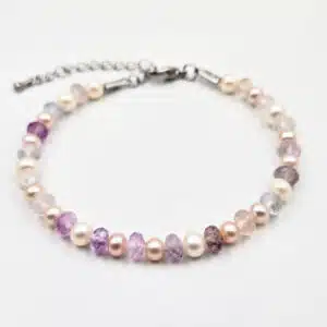 PERLE DE CULTURE blanche et FLUORITE - Bracelet en perles de 6mm avec fermoir