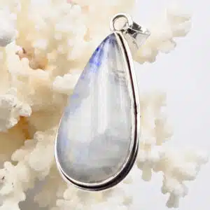 LABRADORITE blanche / PIERRE DE LUNE "Rainbow" - Cabochon Ovale monté en Pendentif Argent 925/1000